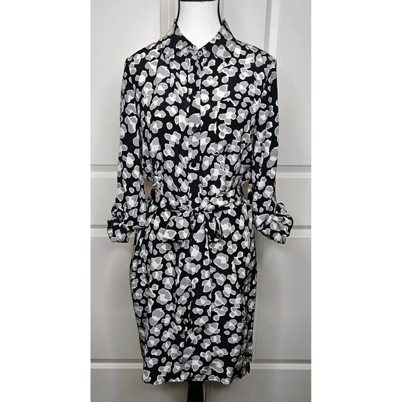 Diane Von Furstenberg Silk Shirtdress Longsleeve Roll Tab Belted Abstract Size 4